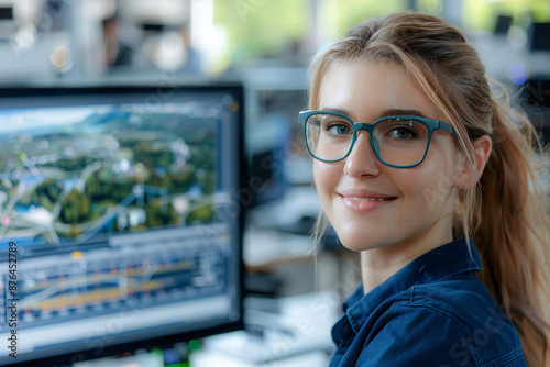 beautiful woman wearing glasses and smiling is working on a 3D landscape on her computer in the office. photo