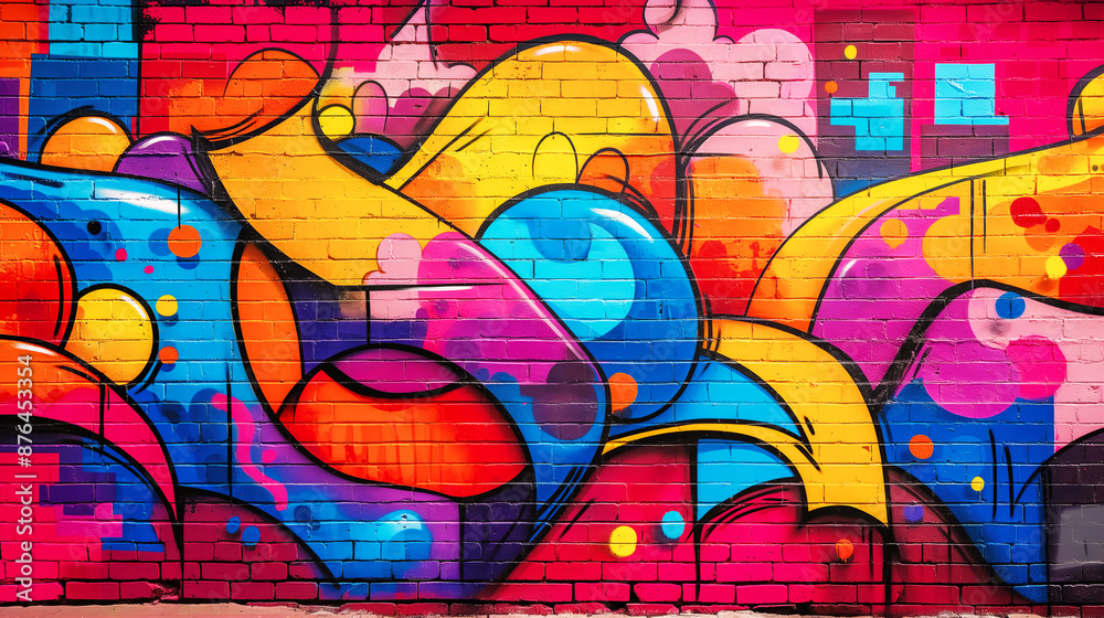 Obraz premium Colorful background of graffiti painting artwork with bright aerosol outlines on wall. Old school street art piece made with aerosol spray paint cans. Contemporary youth culture backdrop