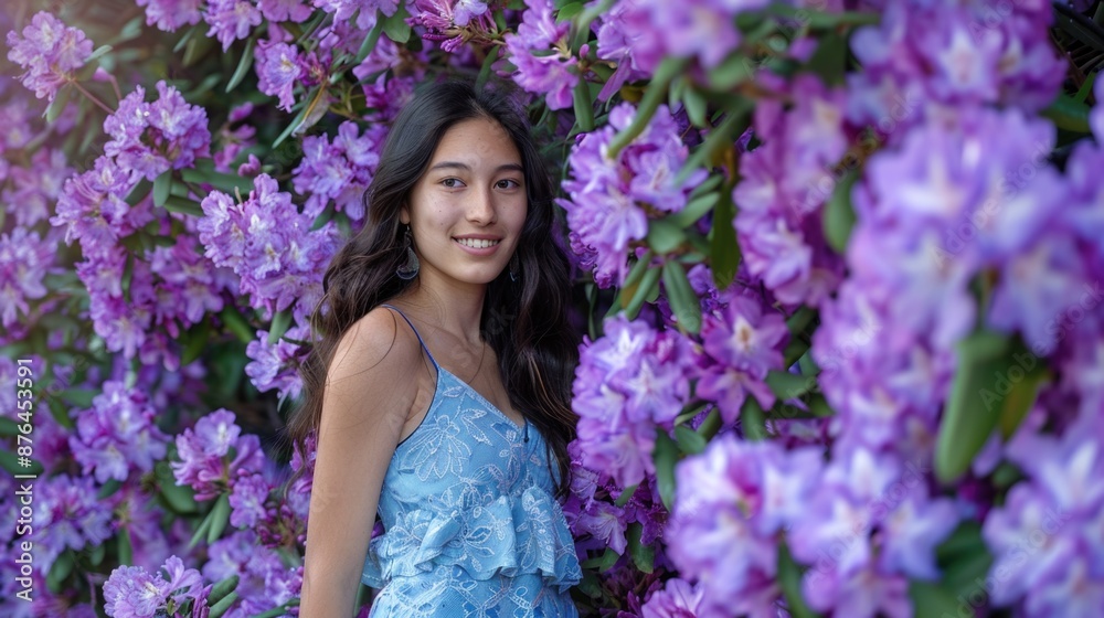 A woman stands among a cluster of purple flowers A woman stands among a cluster of purple flowers