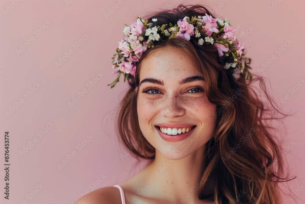 Naklejka premium A_young_woman_with_a_radiant_smile_wearing_a_flower_wreath_generative_ai_image