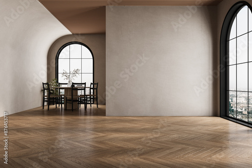 Modern interior design of apartment, dining room with table and chairs, empty living room with beige wall, panorama.