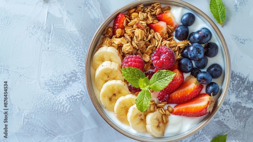 Nourishing breakfast bowl with granola, vibrant fruits, creamy Greek yogurt, and juicy berries, viewed from above. Promotes weight management, healthy habits, and a balanced diet. Nourishing breakfast bowl with granola, vibrant fruits, creamy Greek yogurt, and juicy berries, viewed from above. Promotes weight management, healthy habits, and a balanced diet.