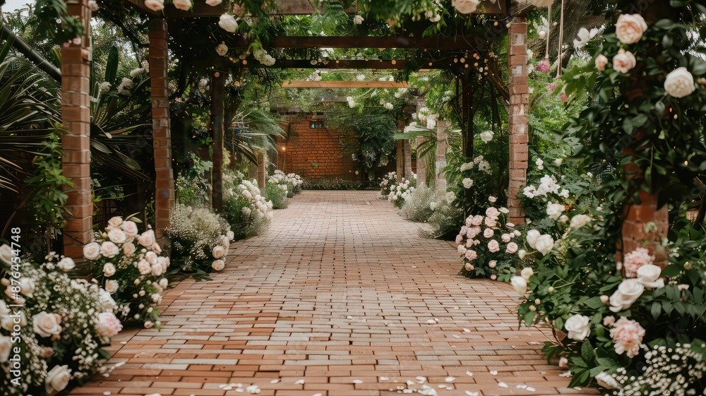 A charming brick aisle adorned with hanging floral garlands and lush greenery, creating a vintage garden ambiance. This enchanting pathway is ideal for weddings, outdoor events, and romantic A charming brick aisle adorned with hanging floral garlands and lush greenery, creating a vintage garden ambiance. This enchanting pathway is ideal for weddings, outdoor events, and romantic