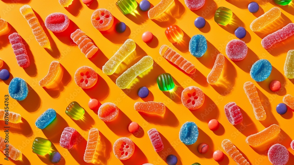 Bright gummy candies show many colors in a fun pattern. They're on a bright orange background. There are different sizes and colors of gummy candies. Bright gummy candies show many colors in a fun pattern. They're on a bright orange background. There are different sizes and colors of gummy candies.