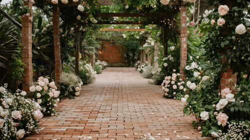 A charming brick aisle adorned with hanging floral garlands and lush greenery, creating a vintage garden ambiance. This enchanting pathway is ideal for weddings, outdoor events, and romantic © Sasikharn