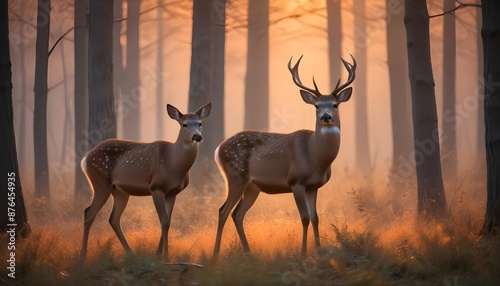 Beautiful cute deer standing in sunrise forest © Hdesigns
