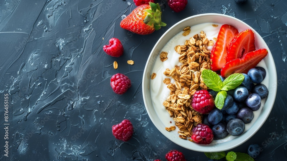 Nourishing breakfast bowl with granola, vibrant fruits, creamy Greek yogurt, and juicy berries, viewed from above. Promotes weight management, healthy habits, and a balanced diet. Nourishing breakfast bowl with granola, vibrant fruits, creamy Greek yogurt, and juicy berries, viewed from above. Promotes weight management, healthy habits, and a balanced diet.
