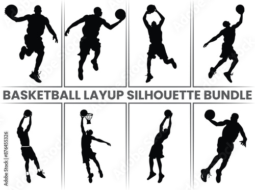 Basketball Layup silhouette, Basketball player, basketball players vector silhouette, Basketball player black silhouette vector illustration isolated on white background.