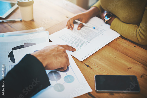 Photos Business hands, paperwork and teamwork in meeting with contract, summary and job description for agreement