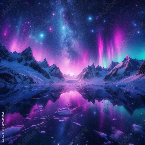 Night time  mountains in iceland illuminating a snow-covered mountain 