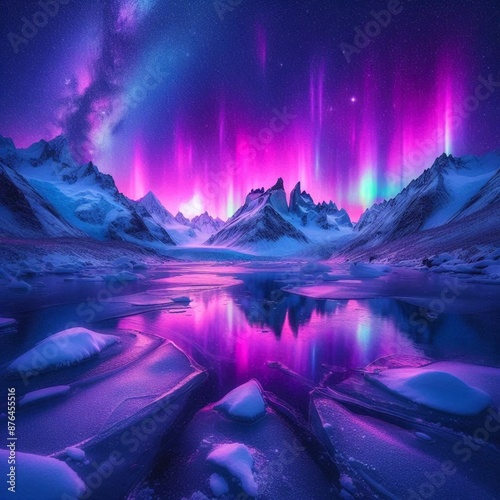 Night time  mountains in iceland illuminating a snow-covered mountain 