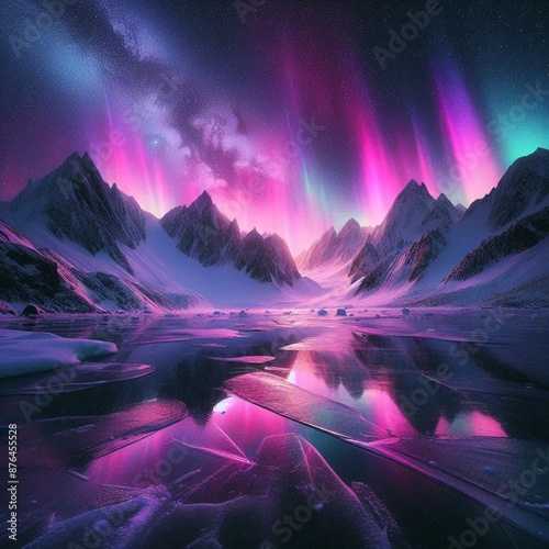 Night time  mountains in iceland illuminating a snow-covered mountain 