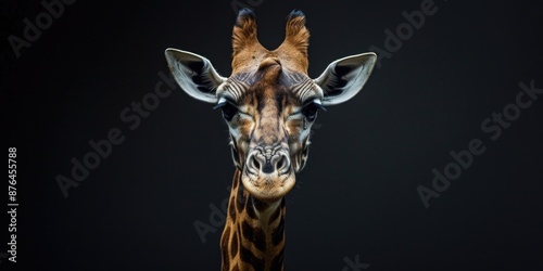 Close-up portrait of a giraffe against a dark background