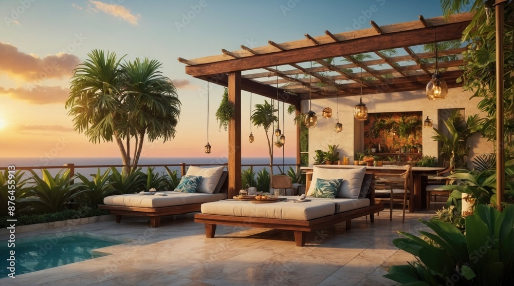 Luxury marble terrace around green exotic plants