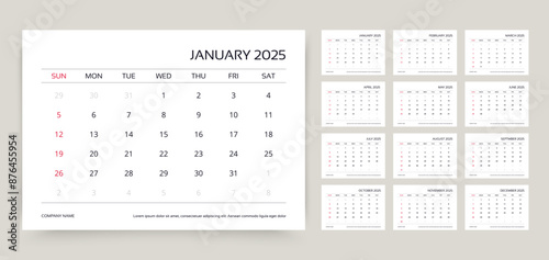 Calendar for 2025 year. Planner template. Week starts Sunday. Monthly calender organizer. Desk schedule grid with 12 month. Corporate yearly diary layout. Horizontal simple agenda. Vector illustration