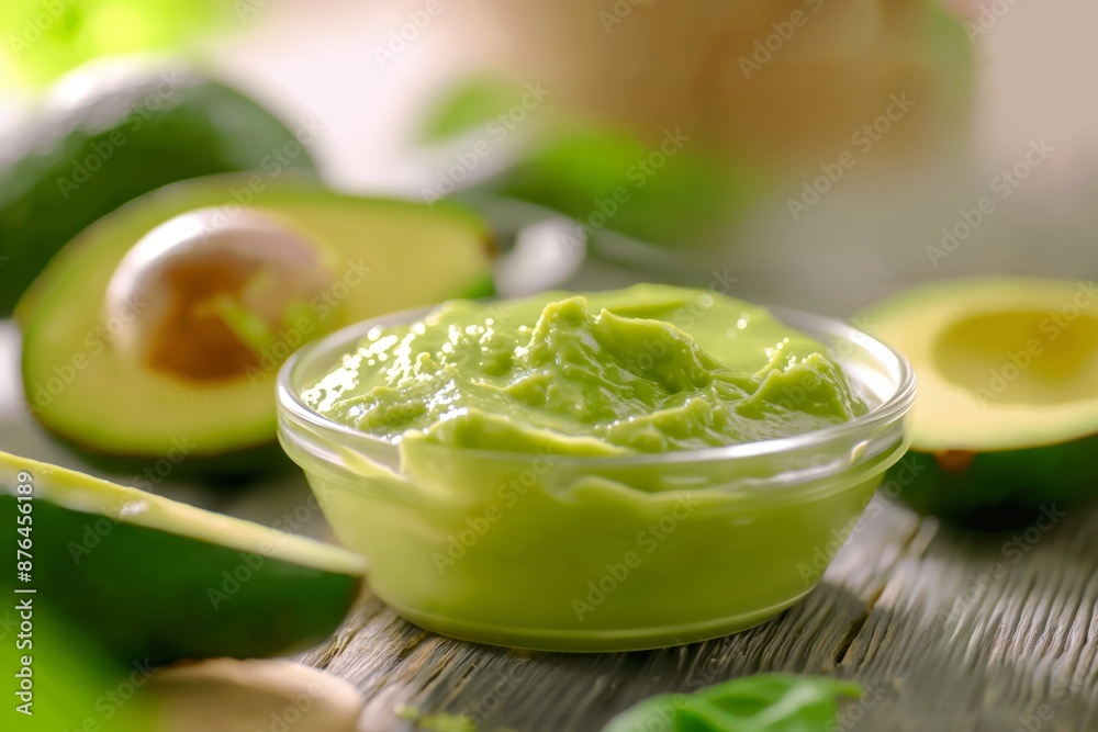 A bowl of creamy avocado dip next to fresh avocado halves on a wooden table. A bowl of creamy avocado dip next to fresh avocado halves on a wooden table.