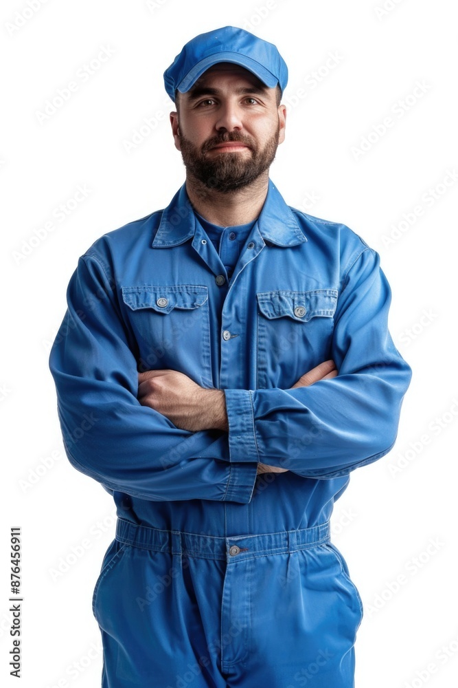 A person wearing blue coveralls poses for the camera A person wearing blue coveralls poses for the camera