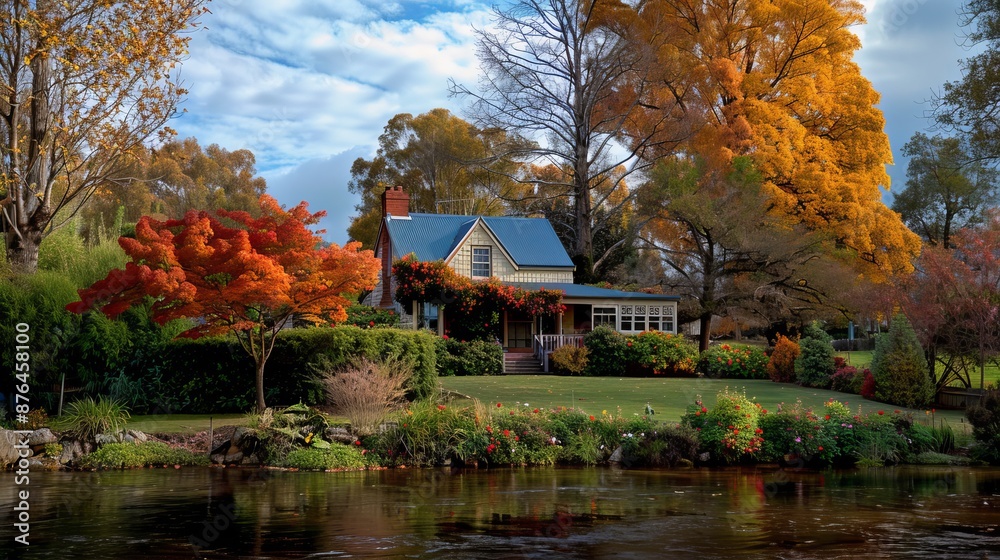Obraz premium Enchanting Autumn Retreat Cottage nestled in vibrant fall foliage by serene river Canon EOS R5 2470mm lens f8 aperture