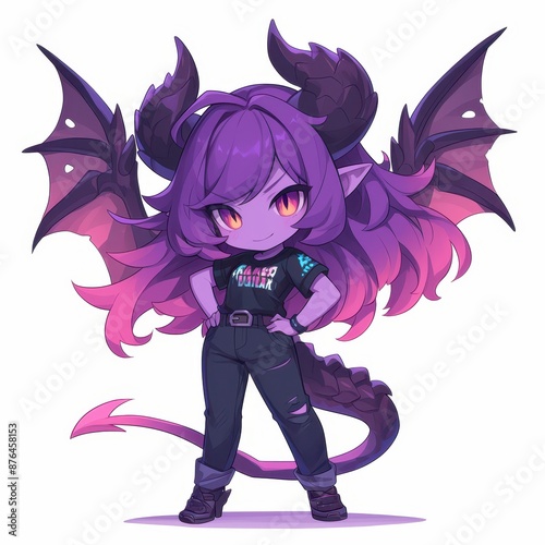 Cute purple anime demon girl with bat wings wearing a t-shirt and jeans photo