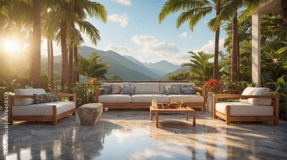 Obraz premium Luxury marble terrace around green exotic plants