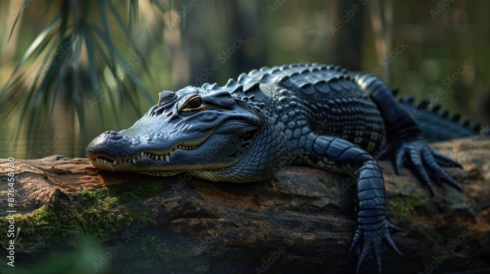 Obraz premium An alligator lays on a log in a natural habitat