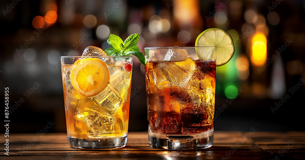 Close up of rum and coke, Cuba Libre cocktails on bar counter, blurred bottles background, copy space Close up of rum and coke, Cuba Libre cocktails on bar counter, blurred bottles background, copy space