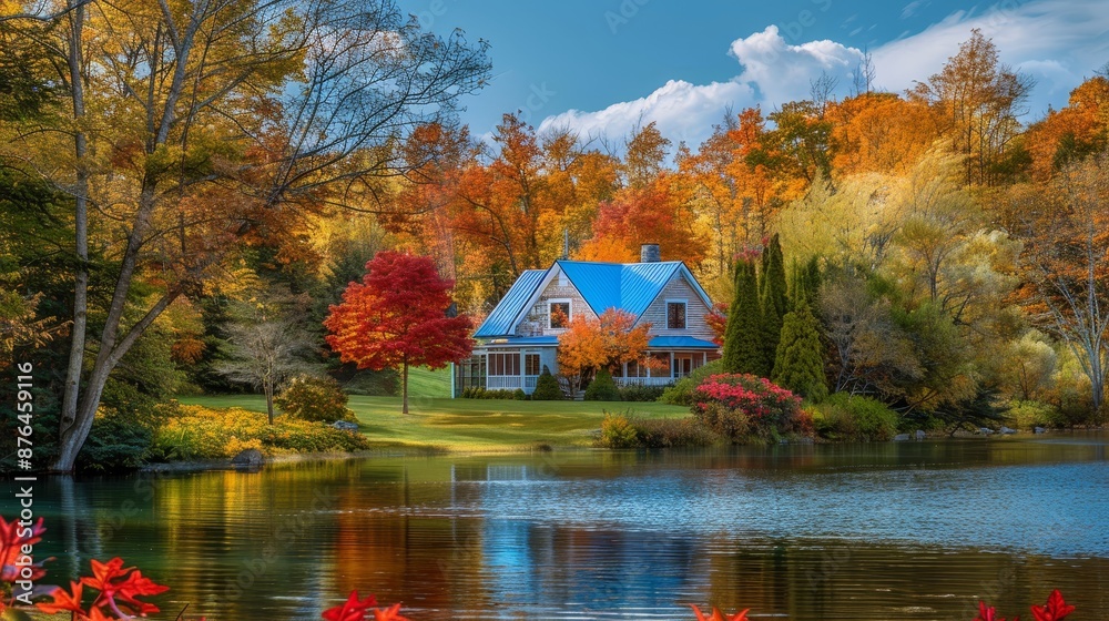 Obraz premium Autumn Bliss Cozy Cottage Retreat Surrounded by Vibrant Fall Foliage and Serene River Reflections