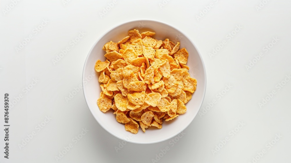 A simple breakfast setup with a bowl of corn flakes on a white table A simple breakfast setup with a bowl of corn flakes on a white table
