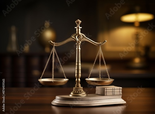 A classic symbol of justice, a brass scale sits poised on a wooden table, ready to weigh the evidence.