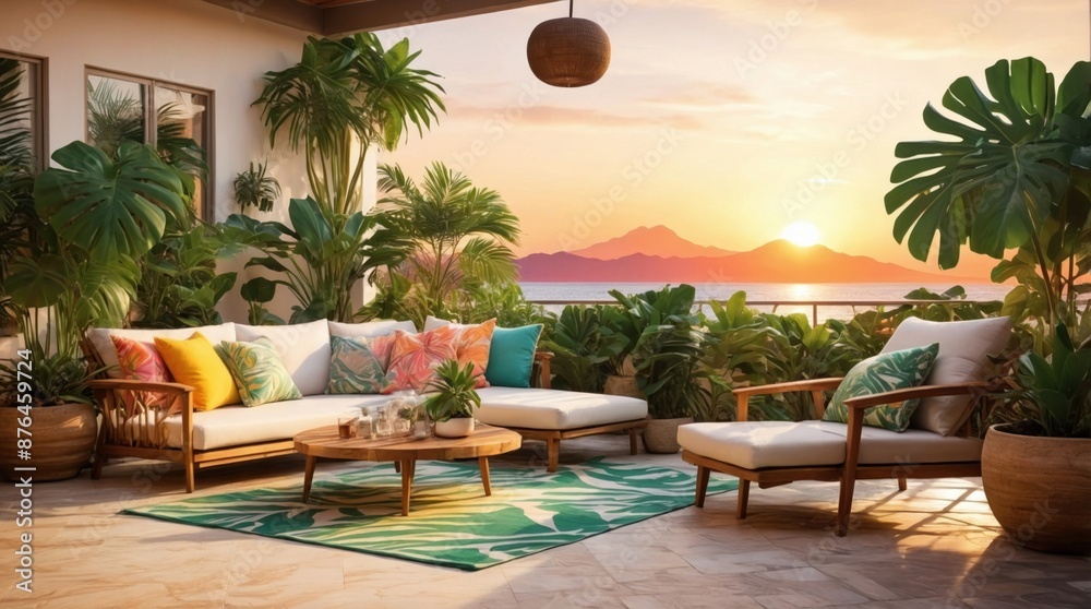Fototapeta premium Luxury terrace in exotics, minimalist vintage style