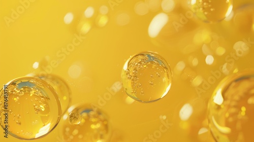 Golden Elegance Reflective Bubbles on Vibrant Yellow Background Stunning Stock Image Capturing Light and Depth with Nikon Z7 50mm Lens