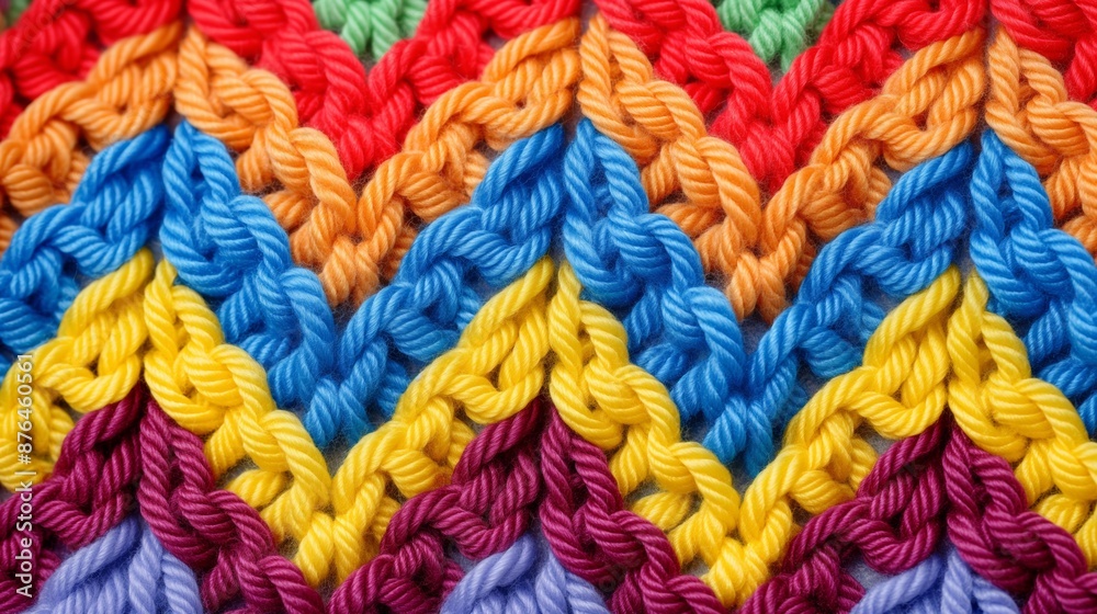 A colorful crochet pattern with a rainbow of colors. The pattern is made up of many different colored yarns, creating a vibrant and cheerful design. The colors are arranged in a zigzag pattern A colorful crochet pattern with a rainbow of colors. The pattern is made up of many different colored yarns, creating a vibrant and cheerful design. The colors are arranged in a zigzag pattern