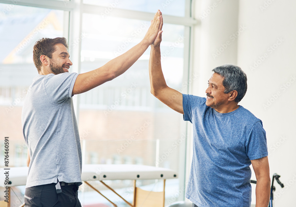 Obraz premium Physiotherapist, senior man and high five for support, elderly care and wellness for health or fitness. Pensioner, male person and medic for appointment, rehabilitation clinic or retirement home