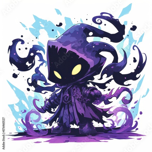 Cute chibi dark purple mage with glowing yellow eyes and purple smoke tendrils photo