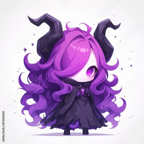 Adorable purple horned chibi character with long purple hair wearing a black cloak