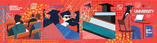 Education at university, college and school. Vector abstract modern illustration of graduates, textbooks, studying student at computer preparing for exams and doing homework, lecture in the audience