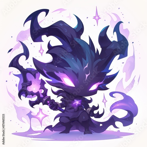 Cute chibi demon sorcerer with purple and black magic casting a spell photo