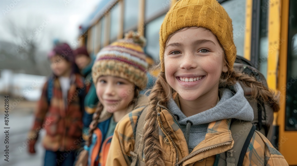 A group of children are smiling and wearing hats and backpacks A group of children are smiling and wearing hats and backpacks