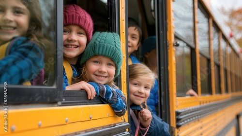 A group of children are smiling and posing for a picture on a school bus © noche