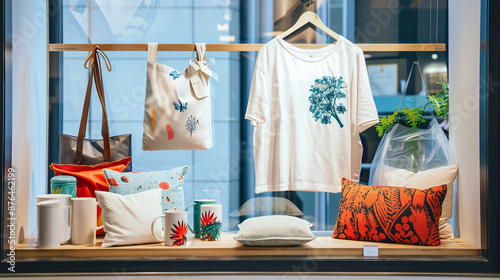 shop window showcasing a curated collection of POD products, including t-shirts, mugs, eco-friendly bags, and decorative cushions