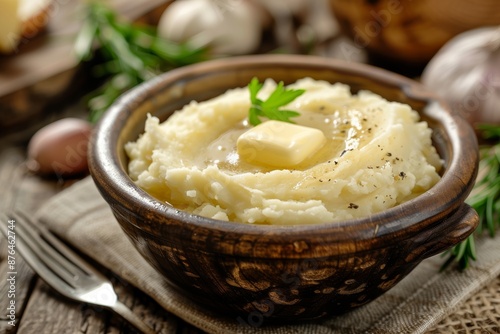 Rustic Bowl of Creamy Mashed Potatoes with Melting Butter in Vintage Kitchen Setting