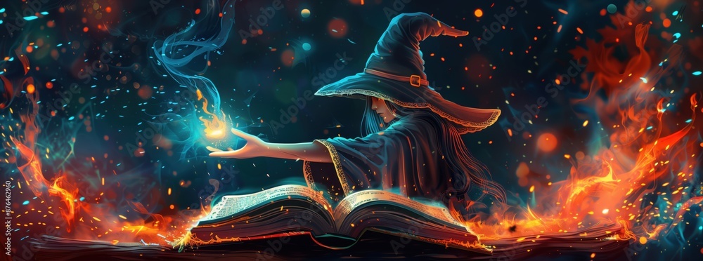 a book of spells against the background of a magician girl casting a spell a book of spells against the background of a magician girl casting a spell