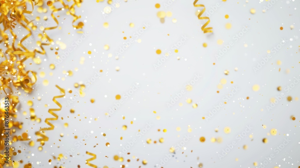 Golden streamers and confetti on a white background, creating a festive and celebratory atmosphere. Golden streamers and confetti on a white background, creating a festive and celebratory atmosphere.