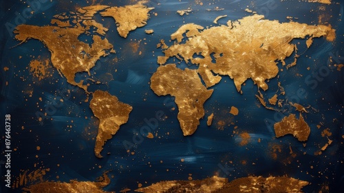 A striking image of a world map with continents depicted in splattered gold paint on a deep navy blue background, blending artistic creativity with geographical accuracy. photo