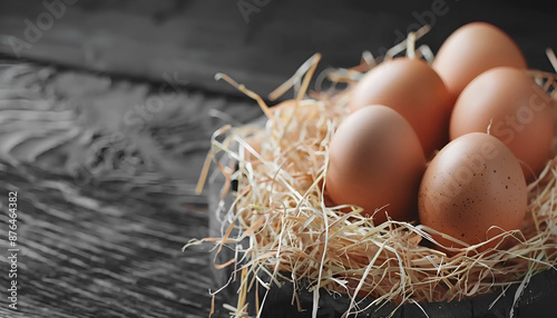 Fresh chicken eggs and dried straw on black wooden table, closeup