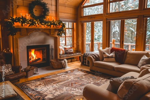 Cozy Living Room with Fireplace, Plush Sofas, and Soft Rug - Natural Light and Warm Atmosphere Design
