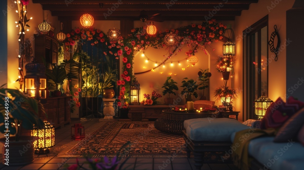 Naklejka premium Enchanting Diwali Home Decor Illuminated Elegance and Vibrant Festivity