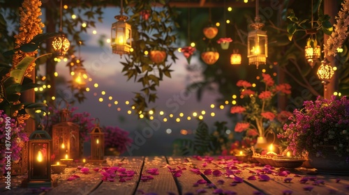 Enchanting Diwali Outdoor Decor Vibrant Lights Lanterns and Flowers Transforming Spaces with Festive Joy and Warmth © AbiScene