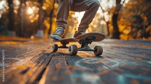 An action shot of a skateboarder executing a maneuver on a wooden path in the park, surrounded by vibrant autumn foliage, capturing the energy and excitement of skateboarding in nature. photo