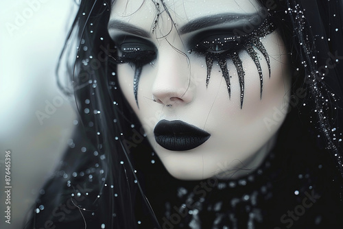 a palid woman with dark gothic makeup, all black outfit photo